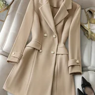 Kurtki damskie - TEMU Kobiecy Beżowy Płaszcz z Podwójnym Zapięciem z Tweedu z Kołnierzykiem, Długimi Rękawami i Detalami Guzików - Elegancka Średnio Długa Kurtka - miniaturka - grafika 1