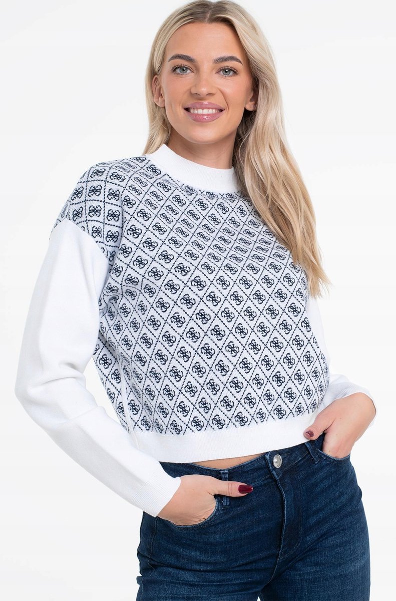 GUESS SWETER DAMSKI WZORZYSTY BEŻOWO GRANATOWY Z GOLFEM S 1GŁA