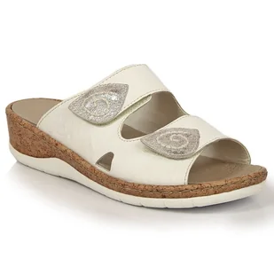 Klapki skórzane damskie na koturnie na rzepy białe Rieker V7151-80 - Klapki i japonki damskie Klapki skórzane damskie na koturnie na rzepy białe Rieker V7151-80 - Klapki i japonki damskie - miniaturka - grafika 1