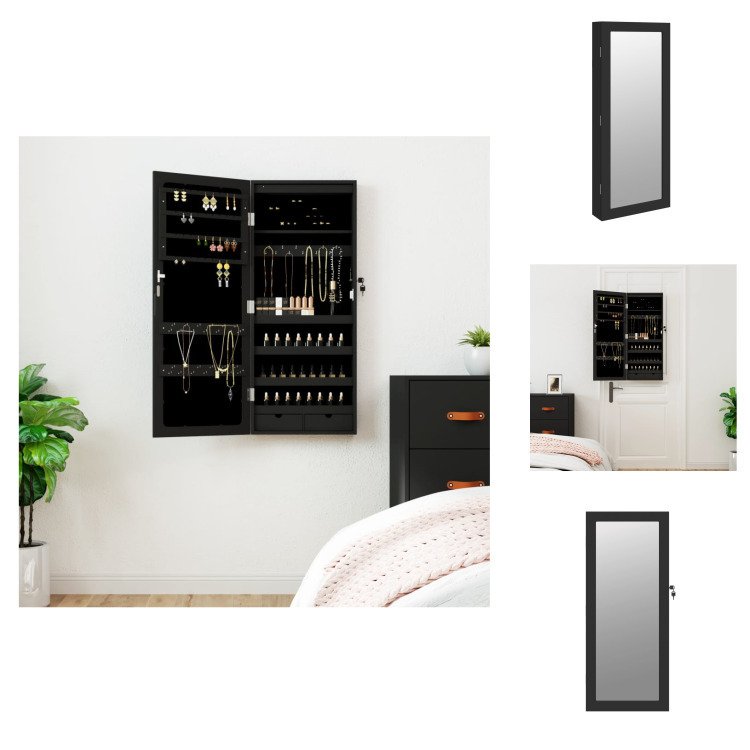 vidaXL Lustrzana szafka na biżuterię z oświetleniem LED do montażu na ścianie, czarna - Lustro