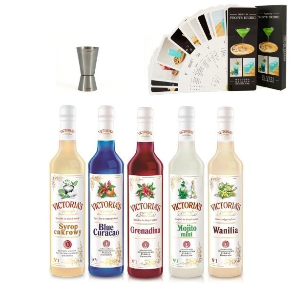 5 syropów Blue Curacao, Grenadina, Cukrowy, Wanilia, Mojito Mint 490 ml z miarką i książką PROSTE DRINKI