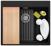 Zlewozmywaki - Zlewozmywak granitowy jednokomorowy + wkładka ociekowa gratis Oslo 60 Max Step Multilevel kolor Czarny metalik. Baterie kuchenne i syfon do wyboru. Primagran - miniaturka - grafika 1