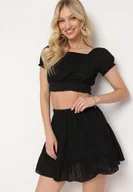 Komplety damskie - Czarny Ażurowy Komplet z Bawełny Top z Krótkim Rękawem Spódnica z Gumką w Talii Efirie - miniaturka - grafika 1