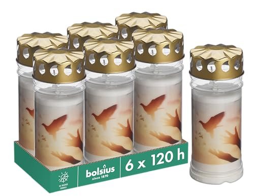 Bolsius Znicz – biały – zestaw 6 sztuk – długość palenia 120 godzin – świeca żałobna i miejsce pamięci – świece ciągłe palenie – z motywem – gołąb – bezzapachowy – bez oleju palmowego – nr 5
