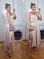 Sukienki - Sukienka Amelia balowa midi beżowa na wesele na jedno ramię z różą - PERFE - miniaturka - grafika 1