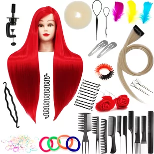 Zestaw główka treningowa Ilsa 80 Red, włos syntetyczny + 80 akcesoriów + uchwyt, fryzjerska do czesania, głowa do ćwiczeń - Główki treningowe - miniaturka - grafika 1