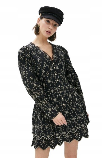 RIVER ISLAND CZARNA BAWEŁNIANA SUKIENKA Z HAFTEM I GUZIKAMI 36 KWA