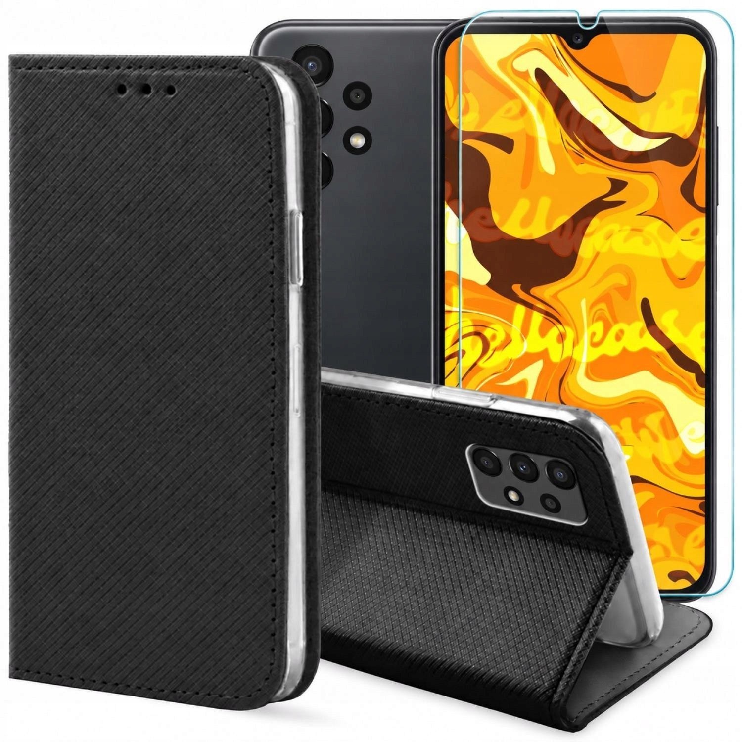 Hello Case Etui z Klapką Do Samsung Galaxy A13 4G Czarne, Zamykane, Kabura Szkło BNDL3408