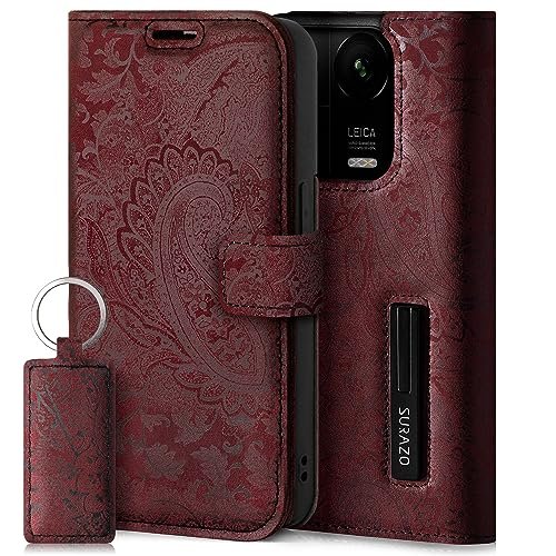 SURAZO Etui na telefon komórkowy premium do Xiaomi 14 5G, skórzane etui ochronne – składane etui ochronne z prawdziwej skóry [magnes, kieszeń na karty, ochrona RFID, kwiatowy wzór] etui z klapką,