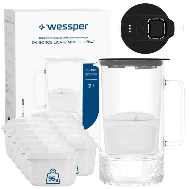 Dzbanek filtrujący szklany Wessper D4 BOROSILICATE MINI FF BK + 12x filtr