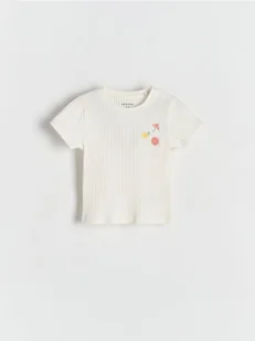 Reserved - Prążkowany t-shirt z haftem - złamana biel - Bluzki dla niemowląt - miniaturka - grafika 1