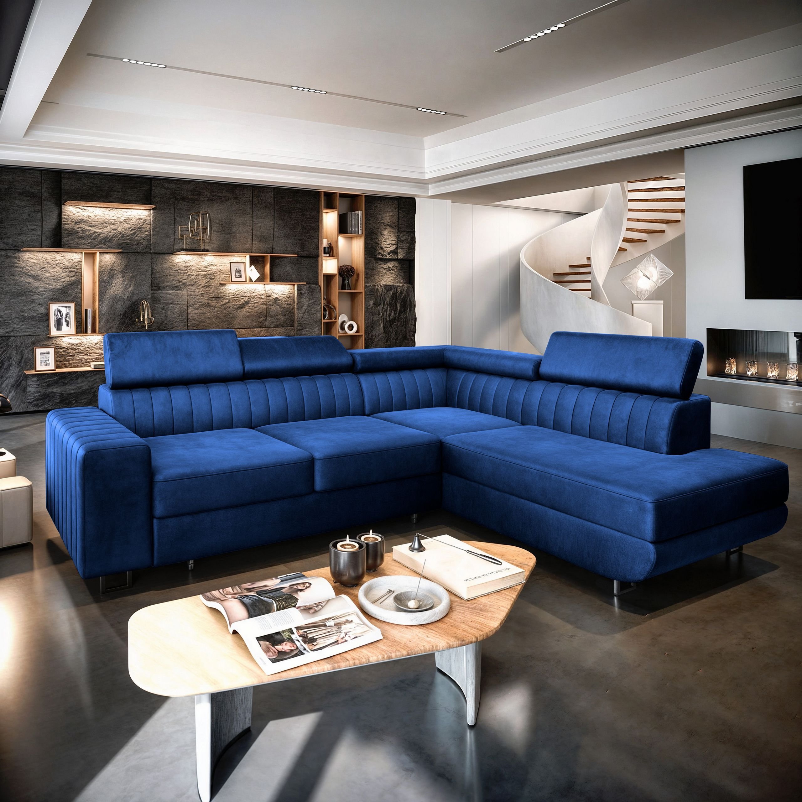 Masseno Narożnik NOLA R-S z funkcją spania i pojemnikiem na pościel Kształt L, Rozkładana sofa, Rogówka - Niebieski, MONOLITH 77