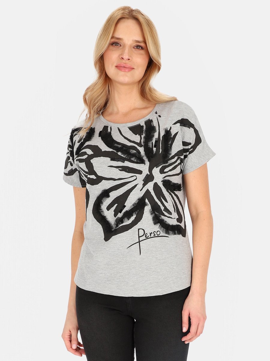 T-SHIRT DAMSKI BAWEŁNIANY Z NADRUKIEM I OZDOBNYMI DETALAMI