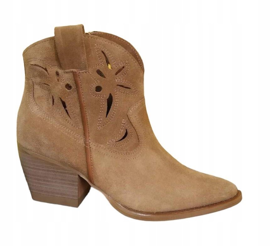 Brązowe Ażurowe Botki Kowbojki Carinii B9494 Skóra Zamszowa R.36