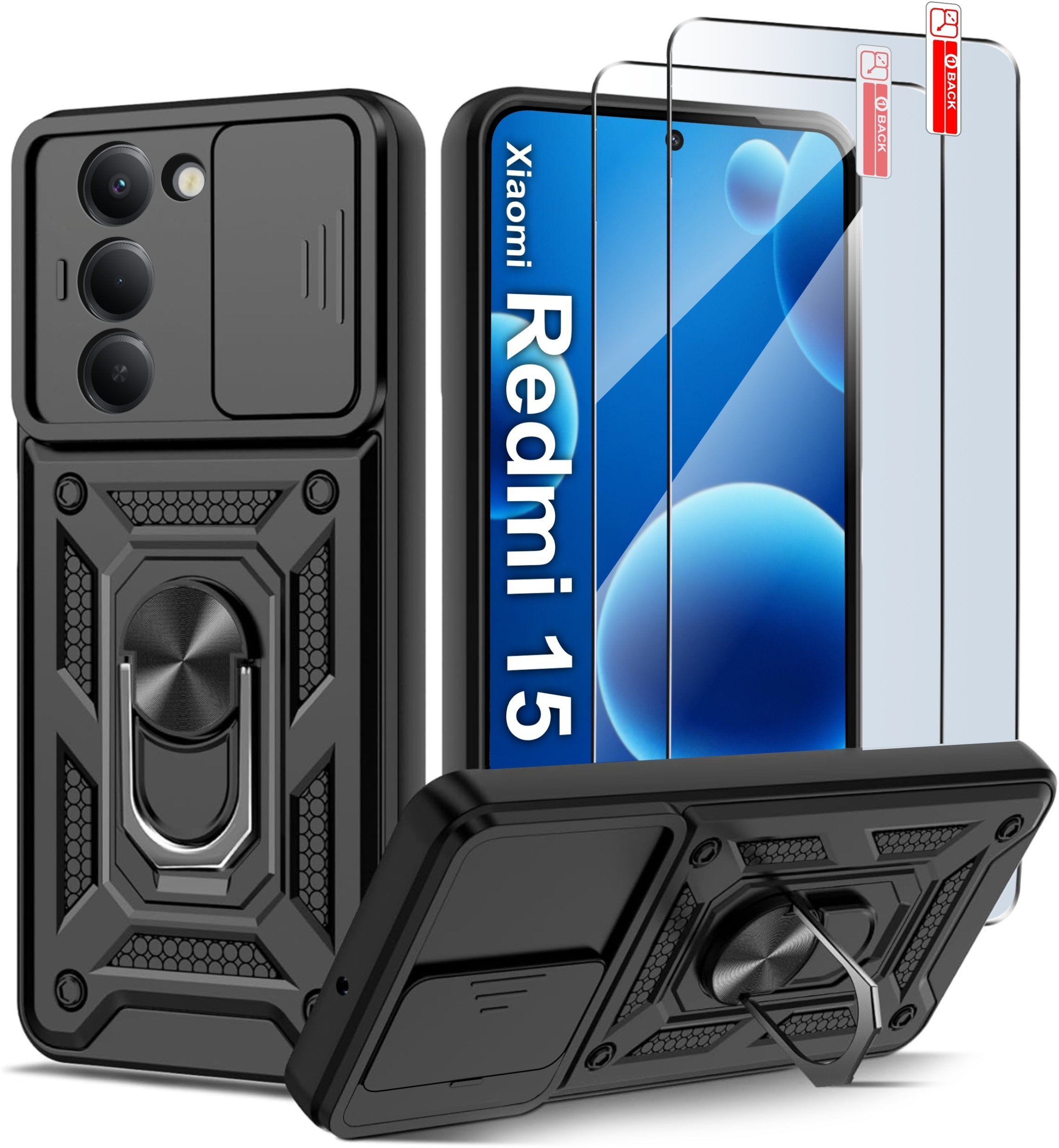 Etui Pancerne CZARNE SLIDE do Xiaomi Redmi 15 4G 5G WZMACNIANE + 2x Szkło