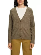 Swetry damskie - ESPRIT Kardigan zapinany na guziki z dekoltem w serek, mieszanka wełny, zielony khaki, XL - miniaturka - grafika 1