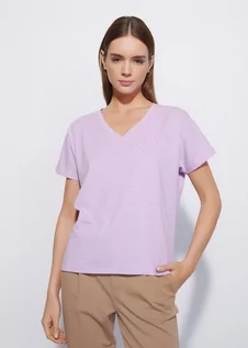 Koszulki i topy damskie - Fioletowy T-shirt damski z cekinami - grafika 1