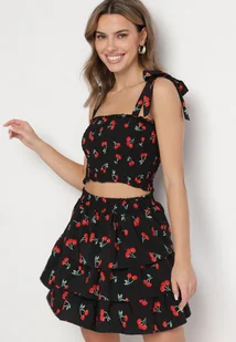 Czarny Komplet w Wisienki Top na Wiązanych Ramiączkach i Spódnica Taliriella - Komplety damskie - miniaturka - grafika 1