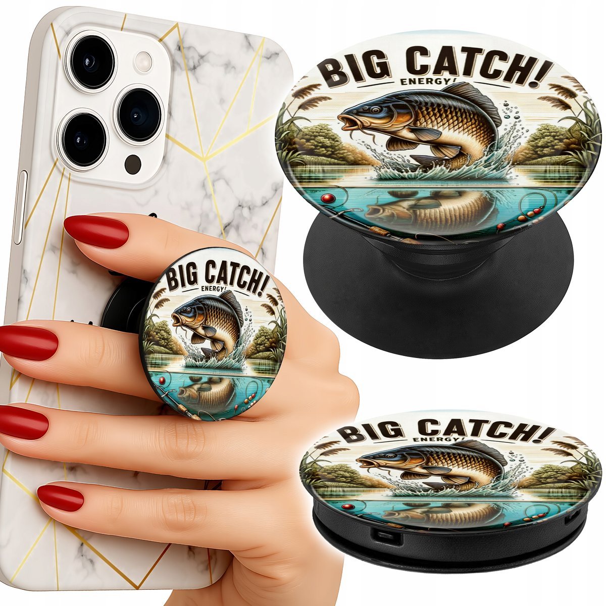 Uchwyt do telefonu Popsocket na palce/stojak WZORY WĘDKARSKIE RYBY WĘDKA