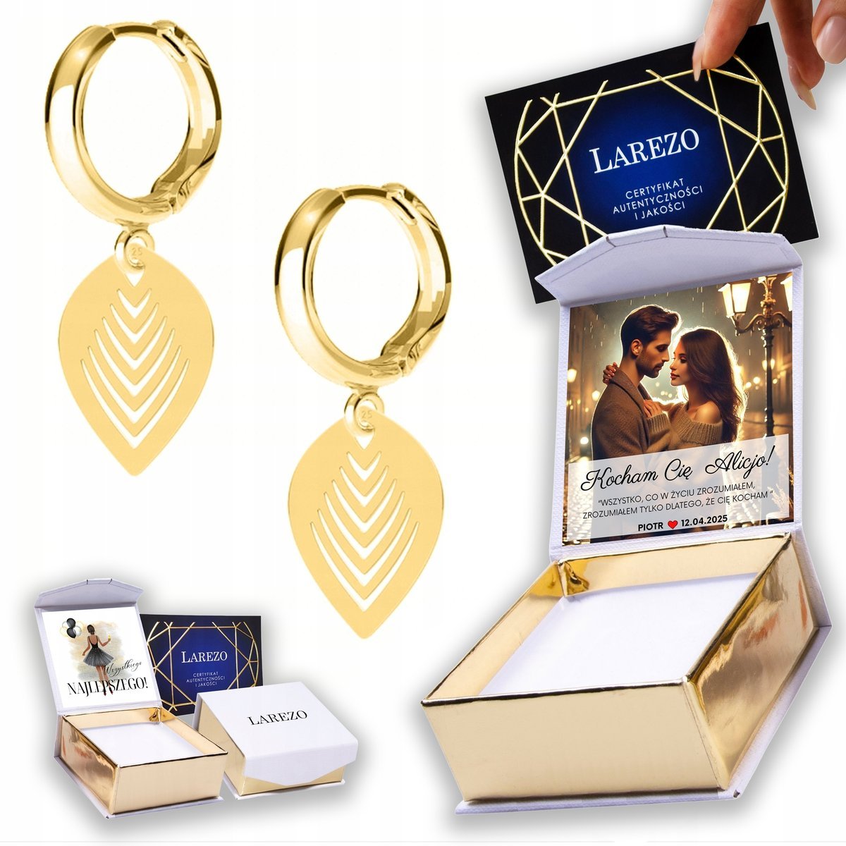 Złote Kolczyki 925 z Listkami Ażurowe Liście Listki Leaf Natura NADRUK