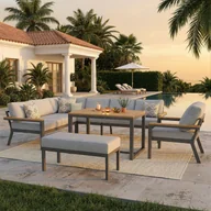Meble ogrodowe - Zestaw mebli ogrodowych z ocynkowanego żelaza, 8-osobowy: 1 narożnik 6-osobowy + 1 ławka + 1 fotel + stolik kawowy - szary - miniaturka - grafika 1