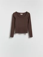 Bluzki damskie - Reserved - Bawełniany longsleeve - ciemnobrązowy - miniaturka - grafika 1