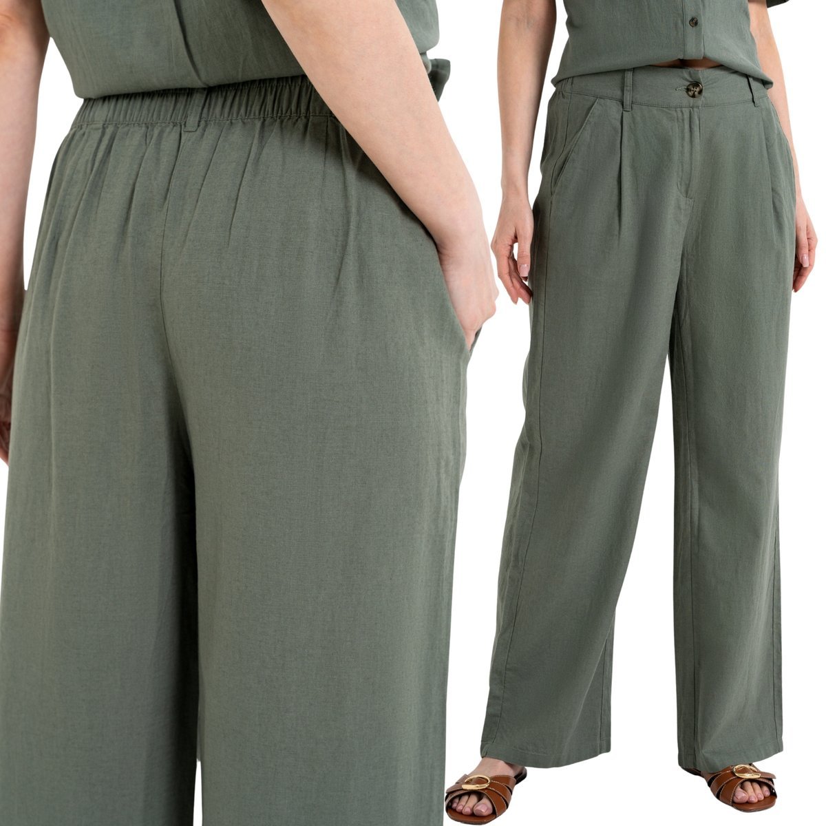 SPODNIE DAMSKIE LNIANE Z WISKOZĄ CASUAL Z KIESZENIAMI WYGODNE MORAJ XL GREEN