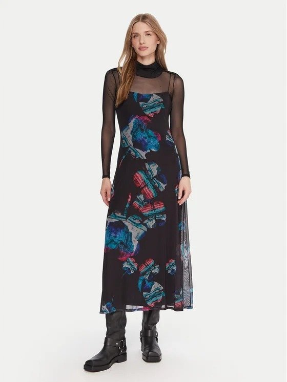 DESIGUAL CZARNA SUKIENKA MIDI NA RAMIĄCZKACH Z NADRUKIEM M 6EA