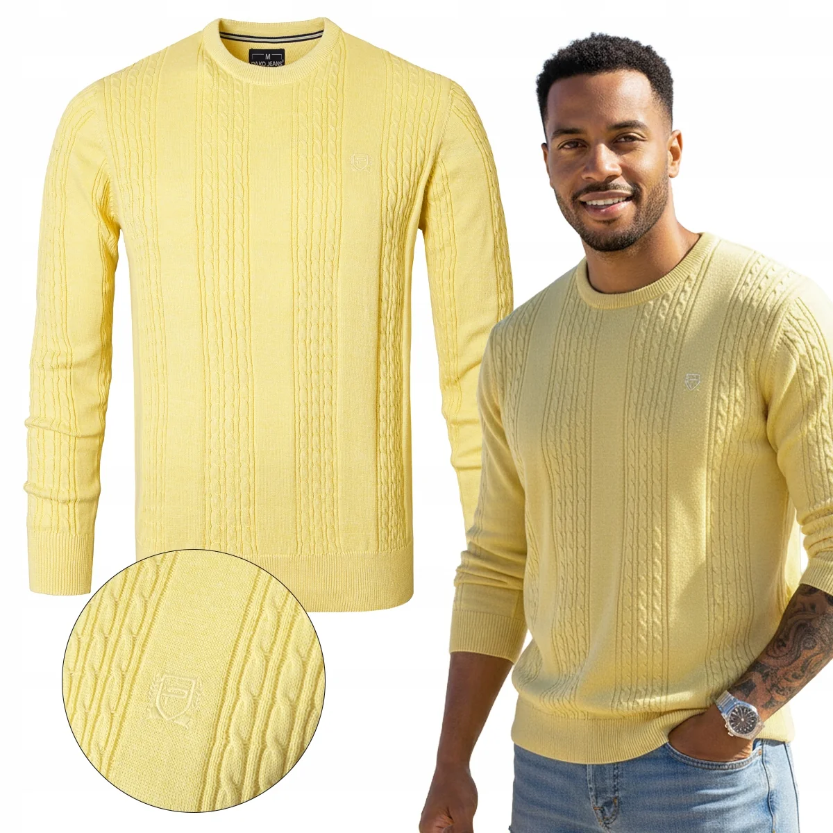 Elegancki SWETER Męski Bawełniany FLINT ŻÓŁTY Warkoczowy Splot Pako Jeans Elegancki SWETER Męski Bawełniany ŻÓŁTY Warkoczowy Splot XL Pako Jeans