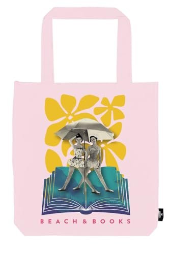 moses. libri_x Shopper Beach and Books, letnia torba do noszenia w kolorze różowym ze 100% bawełny, duża torba materiałowa z ilustracjami retro, torba na zakupy wielokrotnego użytku z długimi