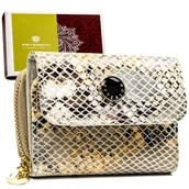 Portfele - Beżowy skórzany mały portfel damski na gotówkę PETERSON elegancka składana portmonetka na zatrzask i suwak ochrona RFID STOP Pudełko prezentowe - miniaturka - grafika 1