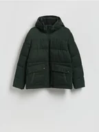 Kurtki męskie - Reserved - Sztruksowa kurtka z kapturem - ciemnozielony - miniaturka - grafika 1