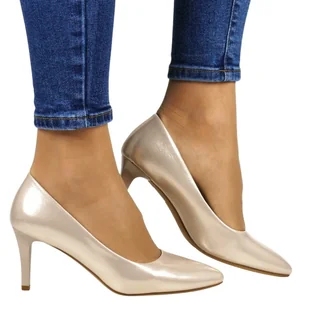 SZPILKI CZÓŁENKA SERGIO LEONE 1336 SATYNOWY ZŁOTY - Czółenka - miniaturka - grafika 1