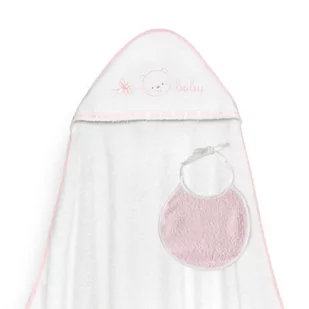 Okrycie kąpielowe 100x100 Baby biały różowy ręcznik z kapturkiem + śliniaczek - Okrycia kąpielowe dla dzieci - miniaturka - grafika 1