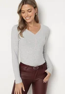 Bluzki damskie - Szara Bawełniana Bluzka Zdobiona przy Dekolcie Koronką i Guzikami Ciaraya - miniaturka - grafika 1