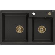 Zlewozmywaki - Mexen Tomas zlewozmywak granitowy 2-komorowy 800 x 500 mm, czarny/złoty metalik, syfon złoty - miniaturka - grafika 1