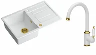 Zlewozmywaki z baterią - Quadron Zlewozmywak granitowy jednokomorowy 78*50*22 cm z ociekaczem MORGAN 111 SNOW WHITE ze złotym odpływem z baterią RACHEL Q LINE SNOW WHITE kolor biały mat/wykończenie złote - miniaturka - grafika 1