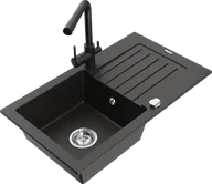 Zlewozmywaki z baterią - Mexen Pablo zlewozmywak granitowy 1-komorowy z ociekaczem i baterią kuchenną Duero, czarny/złoty metalik - 6510-75-671600-70 - miniaturka - grafika 1