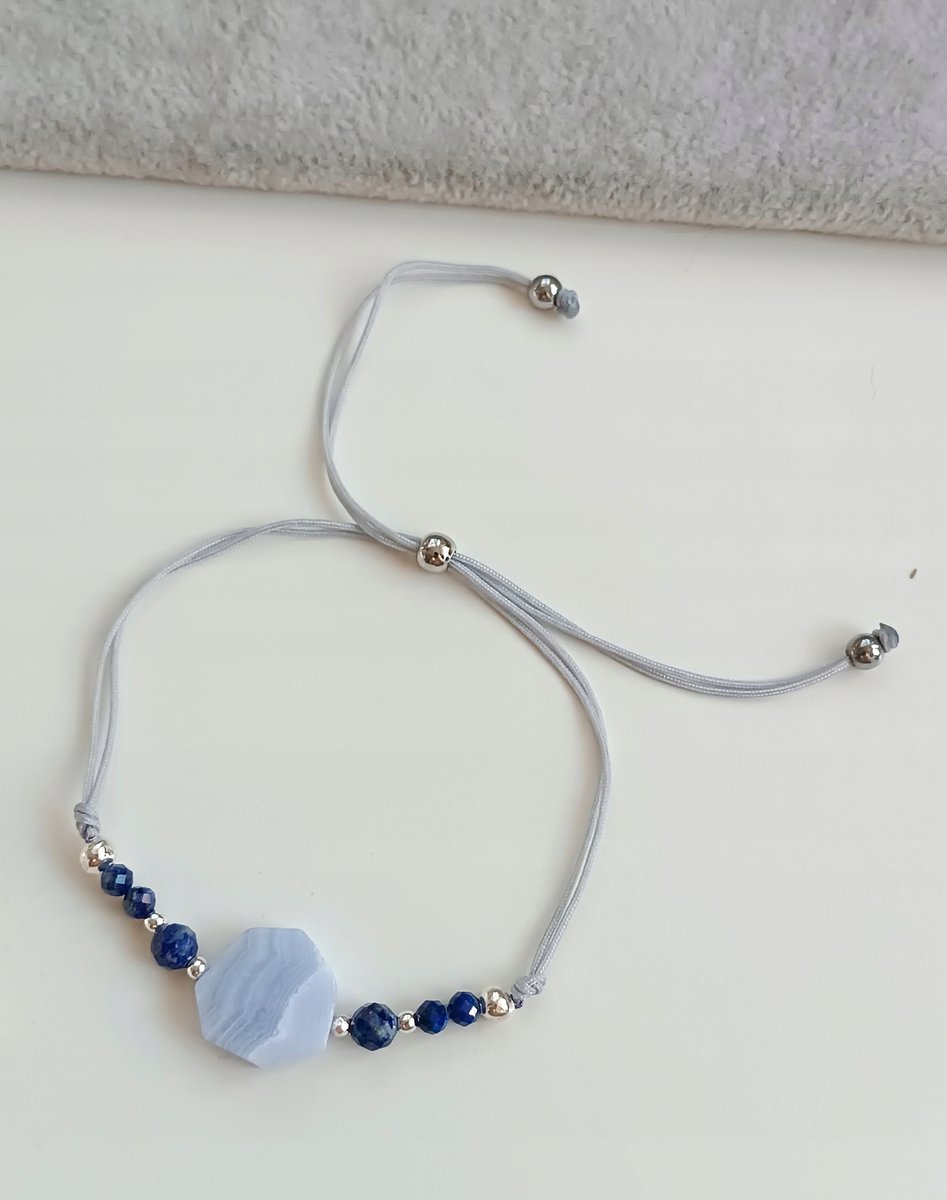 LUKSUSOWA SZARA BRANSOLETKA REGULOWANA CHALCEDON LAPIS LAZULI STOPER STAL