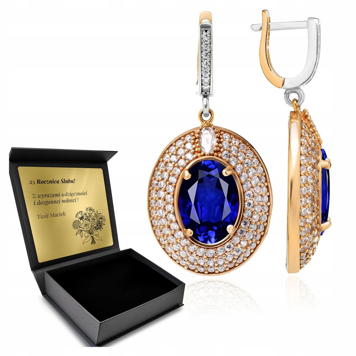 Kolczyki Srebrne 925 Cyrkonie I Szafir Biżuteria Dla Kobiety + Grawer