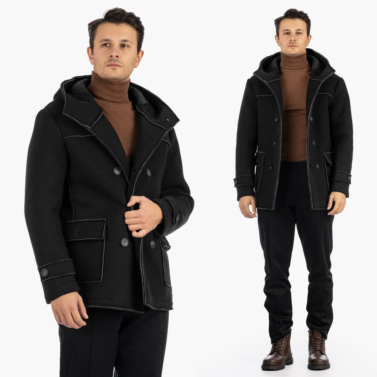 Kurtka Męska Zimowa Płaszcz z Kapturem na Guziki Czarny Frilivin XL Czarny