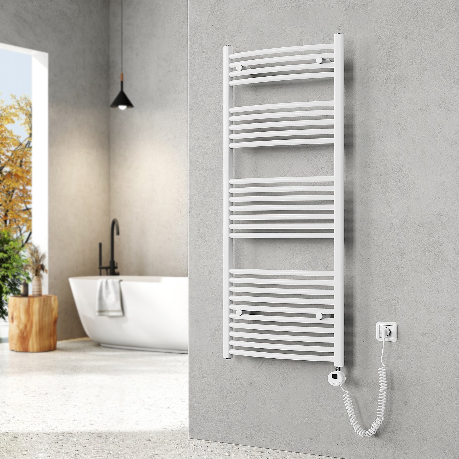 EMKE Elektryczny grzejnik łazienkowy zakrzywiony elektryczny grzejnik łazienkowy z termostatem, suszarka do ręczników z prętem grzejnym, biały, 140x60cm, 665W