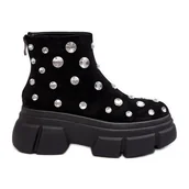 Botki damskie - S.Barski Zamszowe Ocieplane Botki Z Kryształkami D&A MR870-83 Czarne - miniaturka - grafika 1