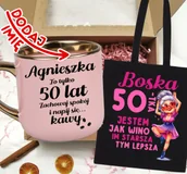 Gadżety dla niej i dla niego - Zestaw prezentowy na 50 urodziny - kubek na 50 z imieniem oraz torba - miniaturka - grafika 1