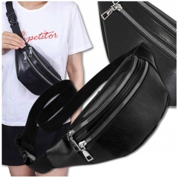 Nerka trzy kieszonki skórzana saszetka duża czarna biodrówka pasek damska