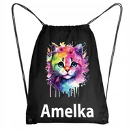Plecaki worki - Czarny Worek Szkolny Na Buty Workoplecak Na WF Kot Kotek Akwarela + IMIĘ - miniaturka - grafika 1