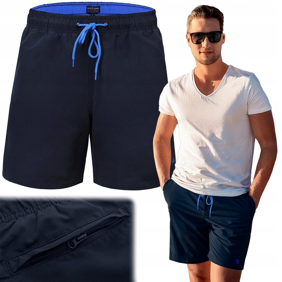 KAPIELÓWKI Męskie SZORTY Plażowe REGATA Kieszeń na Zamek Granat Pako Jeans