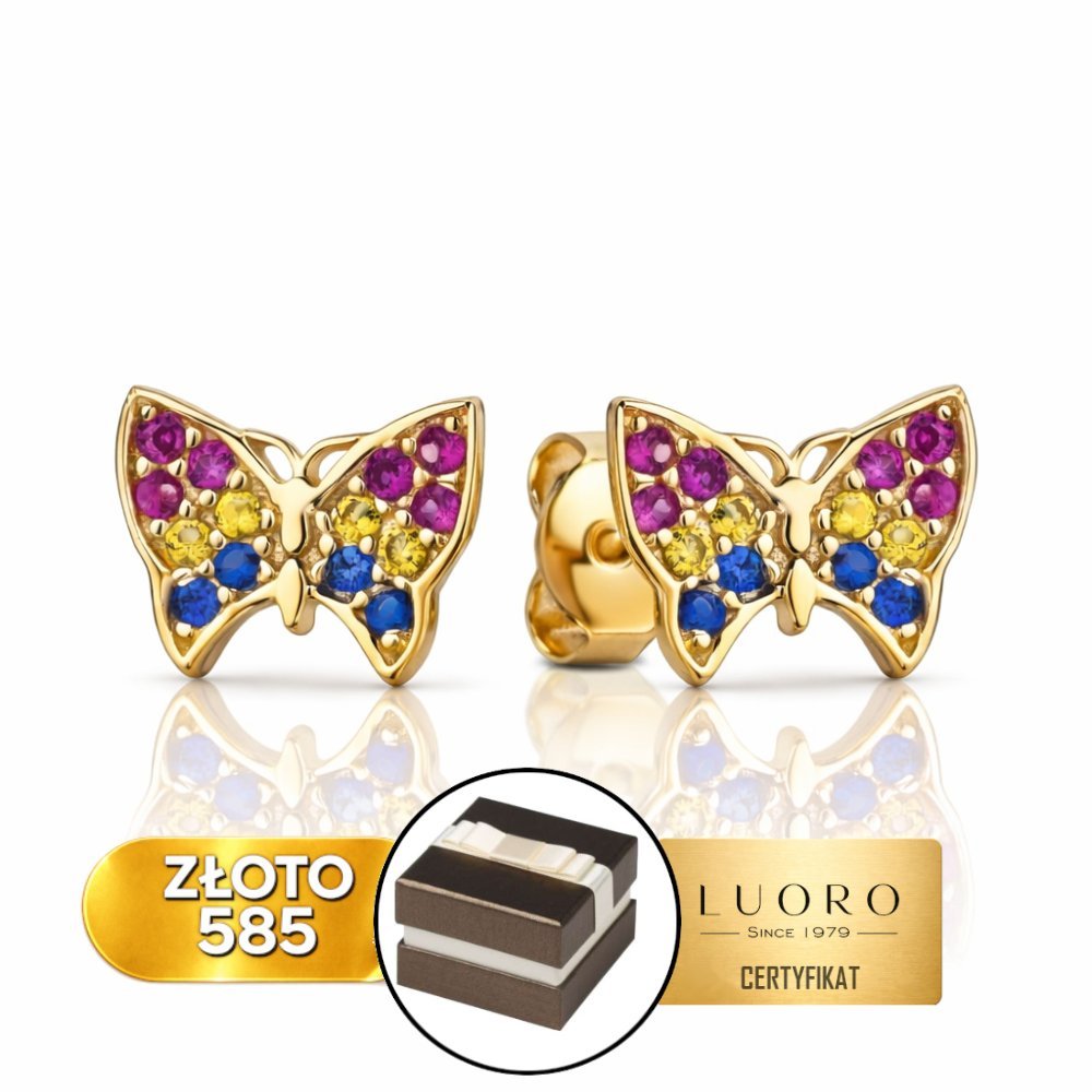 KOLCZYKI ZŁOTE 585 14K MOTYLEK KOLOROWE CYRKONIE SZTYFT 0,6 CM ELEGANCKIE