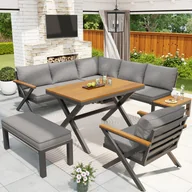 Meble ogrodowe - Zestaw mebli ogrodowych dla 6-7 osób - Narożnik - Ocynkowana stal - Stoły jadalne z drewna i plastiku - fotele - ława, szary - miniaturka - grafika 1
