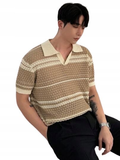 DAZY T-SHIRT MĘSKI BEŻOWY Z KOŁNIERZYKIEM CIEPŁY Z DZIURAMI 42 1JA
